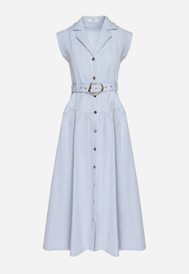 Niebieska Sukienka Koszulowa Ozdobiona Paskiem Devikka