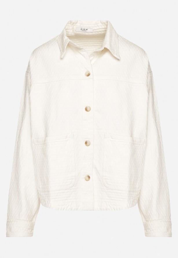 Biała Kurtka Koszulowa z Tłoczonego Materiału z Bawełny z Kieszeniami Janlira