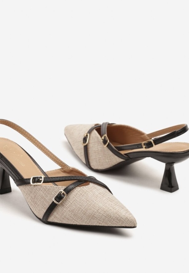 Beżowo-Czarne Sandały Czółenka na Kaczuszce z Noskiem w Szpic i Odkrytą Piętą z Klamerką Arivissa