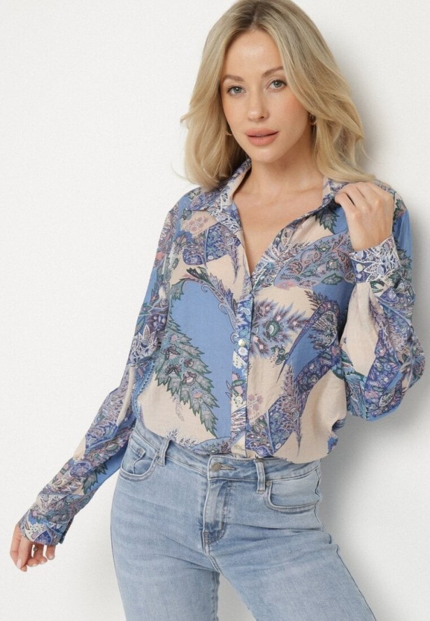 Niebieska Klasyczna Koszula z Wiskozą w Ornamentalny Wzór Aranisea