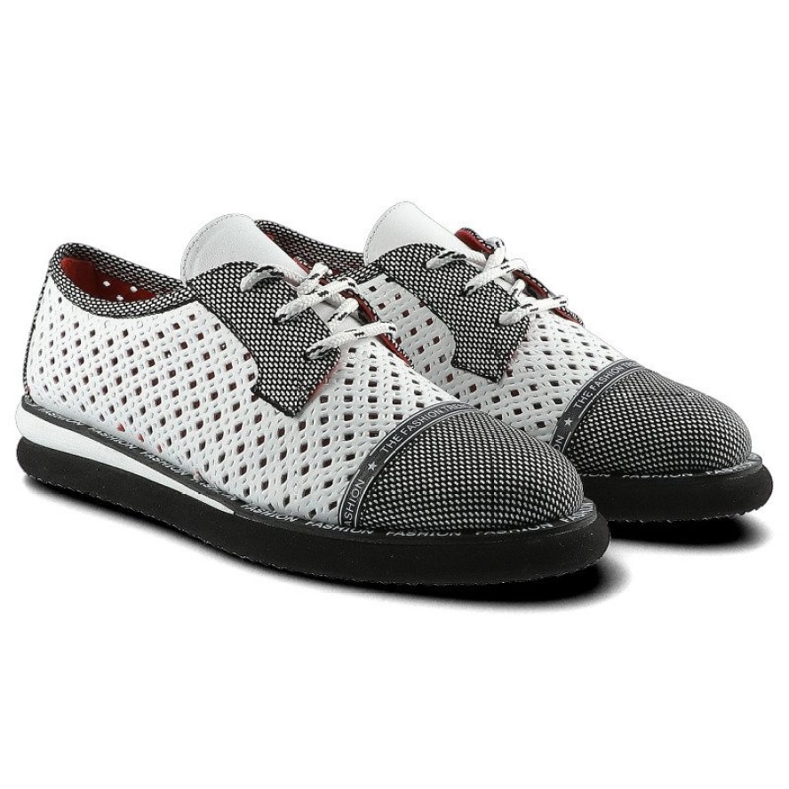 Półbuty damskie Lanqier, wykonane z materiału o otwartej ażurowej strukturze z kontrastowymi wzmocnieniami z klasycznym sznurowaniem, białe, 46C2339