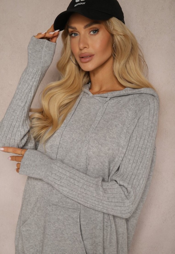 Szary Sweter z Wiskozą i Kaszmirem oraz z Kapturem Nerolin