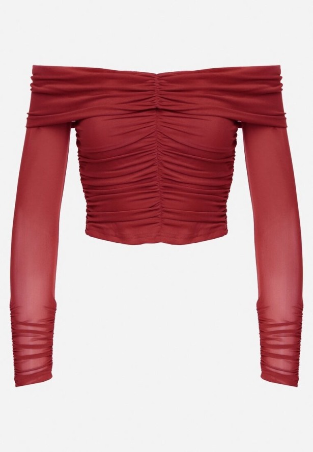 Bordowa Siateczkowa Bluzka VICES z Odkrytymi Ramionami Ozdobiona Marszczeniem Tuvita