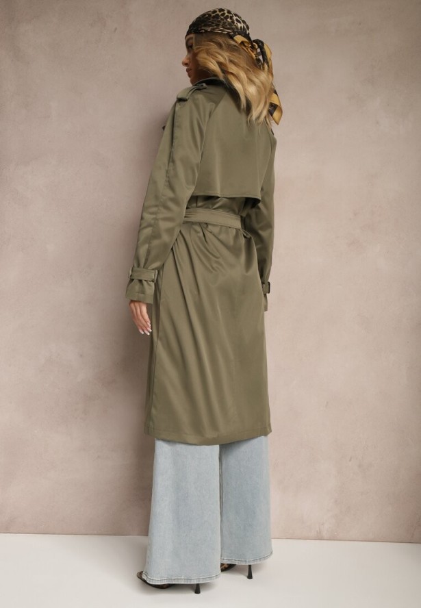 Ciemnozielony Długi Płaszcz Trencz Dwurzędowy z Paskiem w Komplecie Sabila