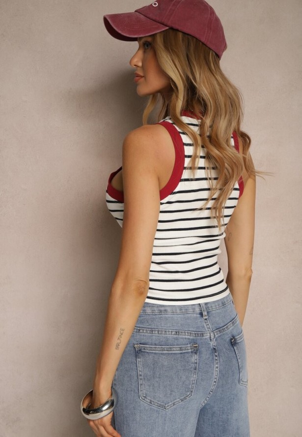 Biały Top z Bawełny w Prążki z Ozdobnymi Serduszkami i Cyrkoniami Henlisa