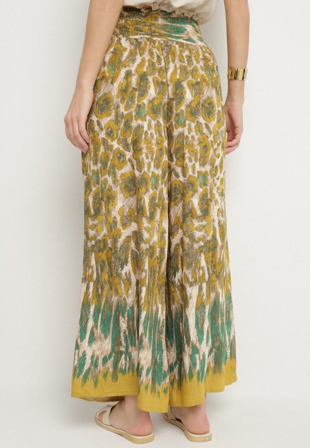 Beżowo-Żółte Wiskozowe Spodnie o Szerokim Kroju z Wysokim Stanem Ellivana