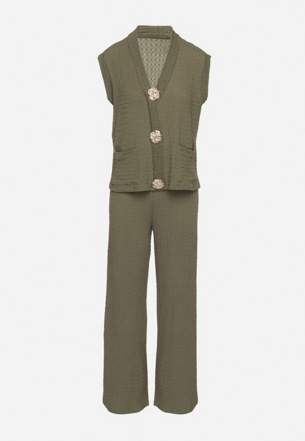 Ciemnozielony Komplet Bluzka Bez Rękawów Zdobiona Broszkami i Szerokie Spodnie Sadaniae