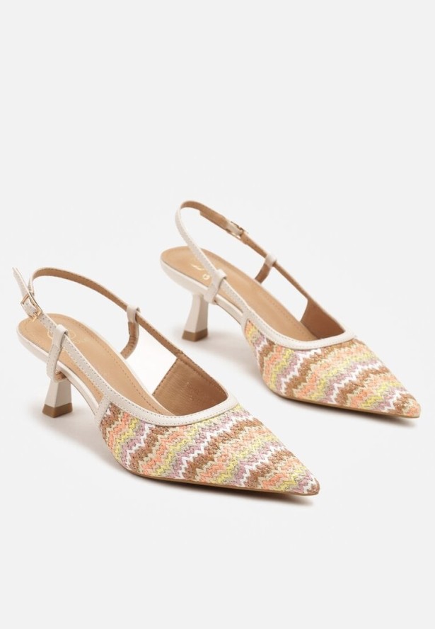 Beżowe Sandały na Obcasie z Plecionką w Geometryczny Wzór Gonivra