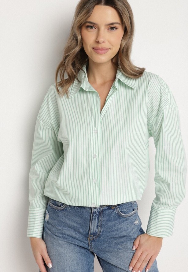 Zielona Bawełniana Koszula Oversize w Prążki Zdobiona Metaliczną Nicią Paserella