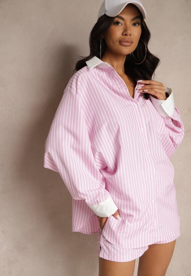 Różowa Koszula Ozdobiona Kieszonką i Paskami Zarindia