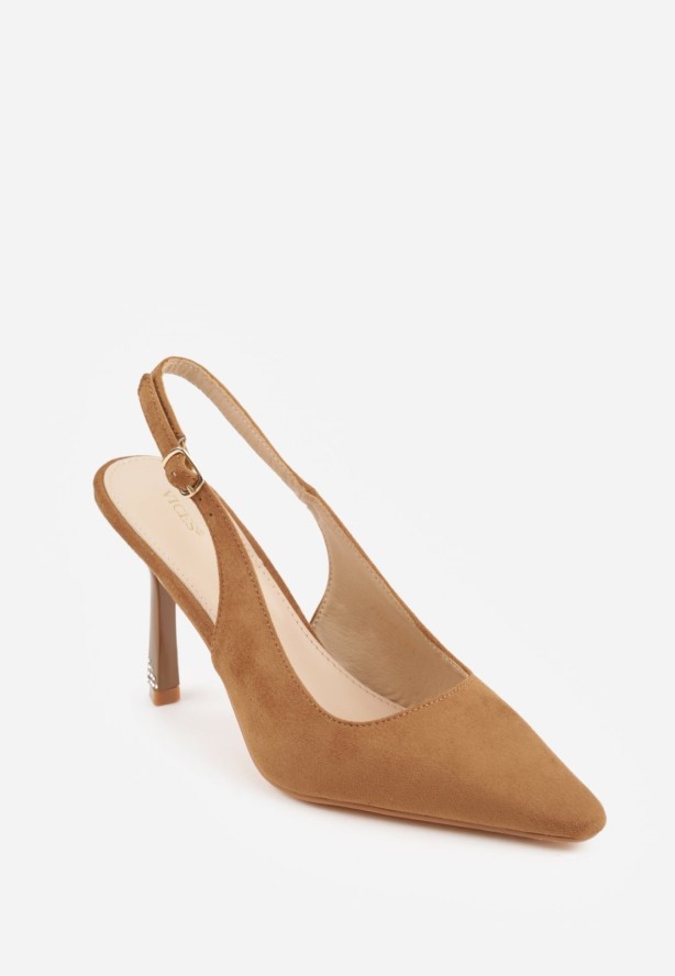 Brązowe Szpilki VICES Slingback Ozdobione Cyrkoniami na Obcasie Laodele