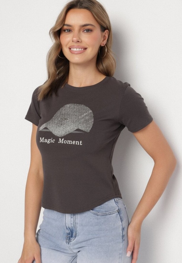 Ciemnoszary T-shirt z Bawełny z Nadrukiem Czapki i Cyrkoniami Penilna