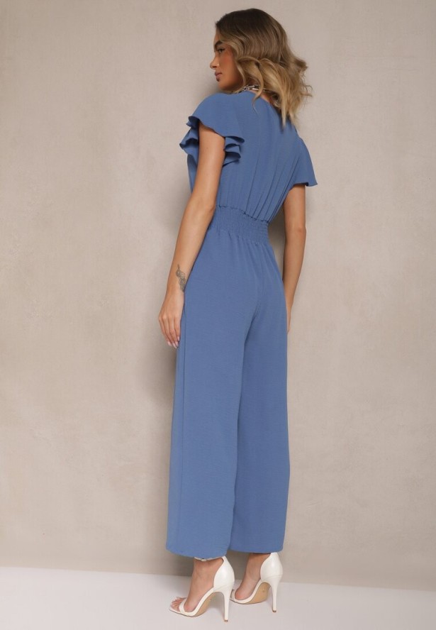 Niebieski Kombinezon o Kopertowym Kroju z Gumką w Talii Martalia
