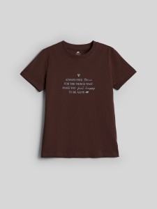 4F T-shirt regular z nadrukiem damski - brązowy XS
