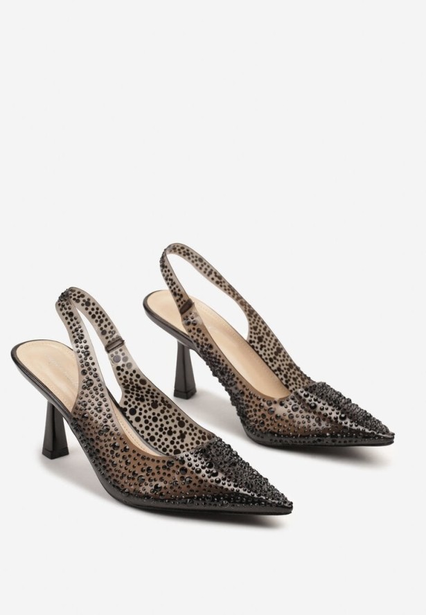 Czarne Sandały Szpilki z Noskiem w Szpic Zdobione Cyrkoniami Hanalitia