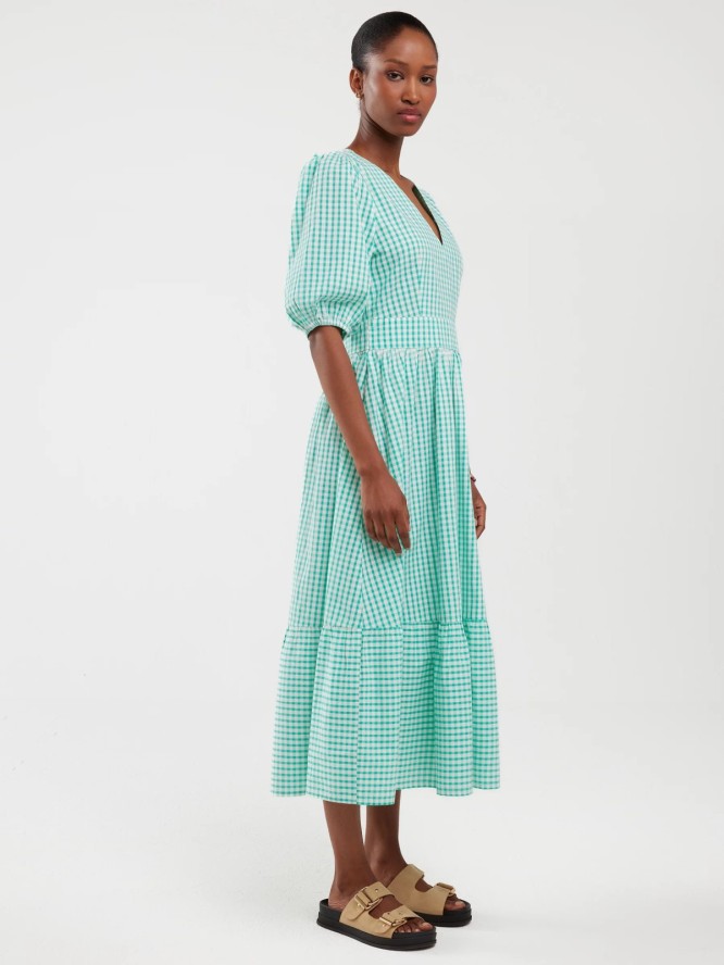 Sukienka damska midi w drobną kratkę z wiązaniem na plecach turkusowa Tiko 302
