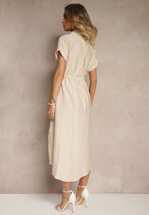 Beżowa Wiskozowa Sukienka Koszulowa z Guzikami i Wiązaniem w Talii Velazia