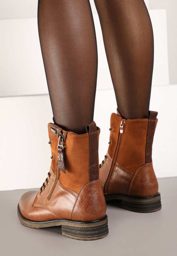 Brązowe Botki za Kostkę z Wiązaniem Rahwa