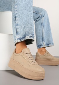 Ciemnobeżowe Sneakersy na Platformie Ozdobionej Tłoczeniem Vaiviera