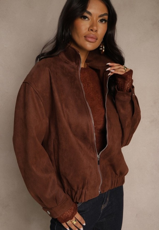 Brązowa Zasuwana Kurtka Bomberka w Stylistyce Y2K Zenora