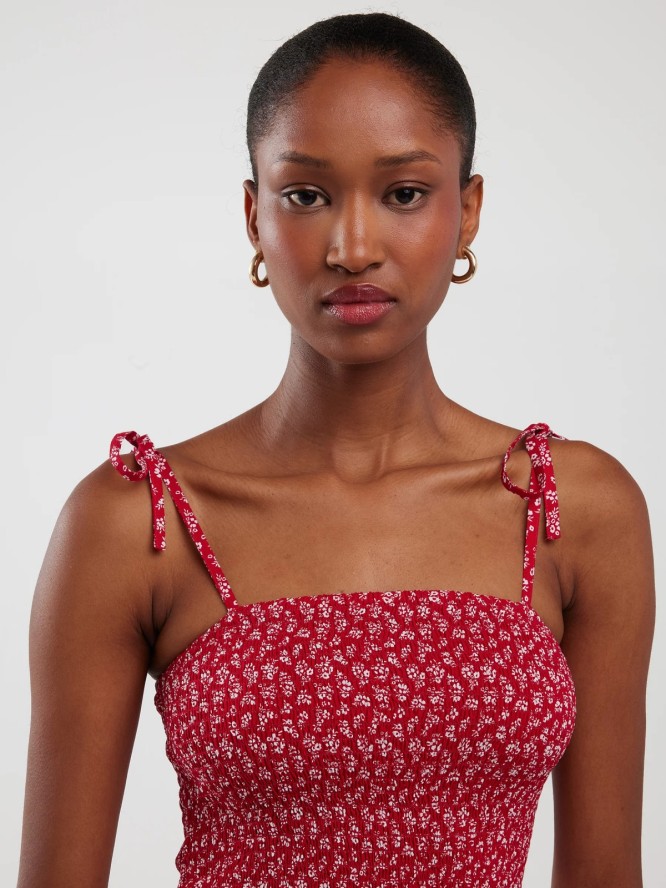 Sukienka damska midi z wiskozy na ramiączkach z motywem kwiatowym czerwona Lamboni 603