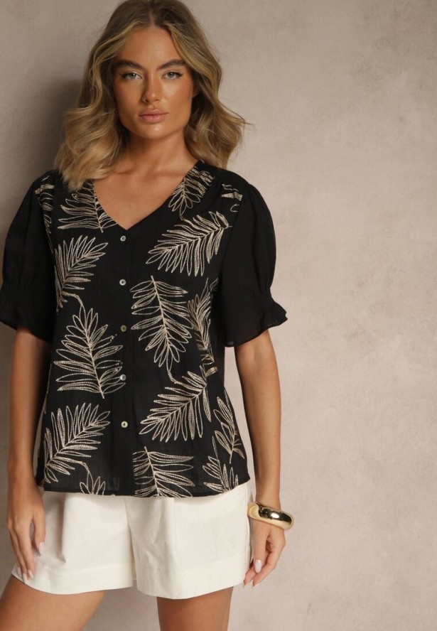 Czarna Koszula z Bawełny Ozdobiona Haftem i Srebrną Nicią Wilaravia