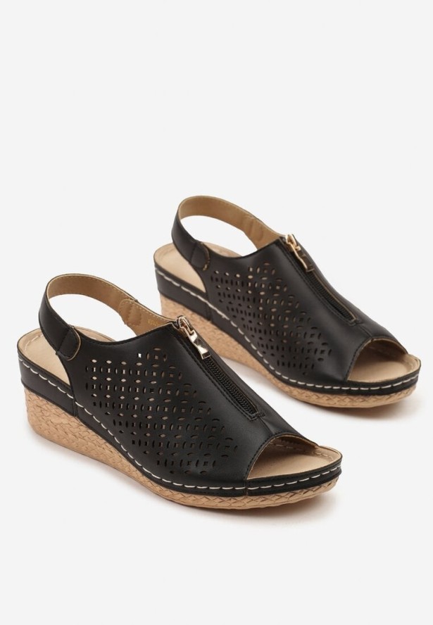 Czarne Sandały Vices na Koturnie z Ozdobnym Suwakiem Ovilore