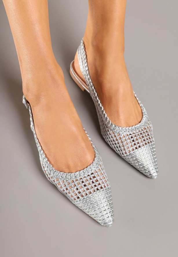 Srebrne Sandały Slingback z Noskiem w Szpic z Ażurowej Plecionki Tillirune