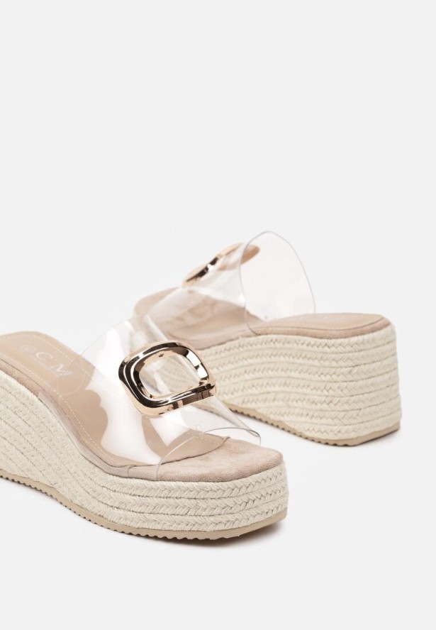 Ciemnobeżowe Transparentne Klapki na Koturnie z Plecionką i Aplikacją Nonadira