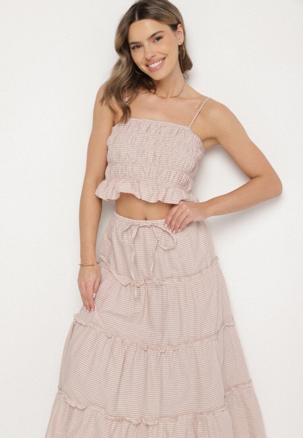 Beżowo-Różowy Bawełniany Komplet w Kratkę Vichy Spódnica i Top Frolira