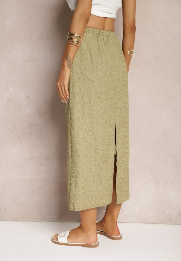 Zielona Spódnica Maxi z Rozcięciem i Gumką w Pasie Nollia