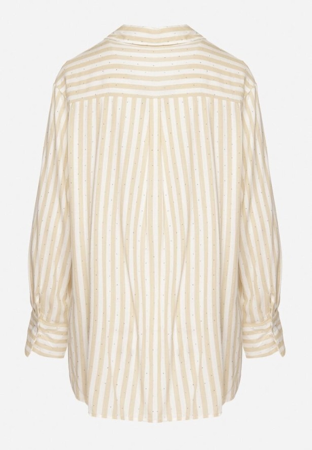 Jasnobeżowa Bawełniana Koszula w Pionowe Paski Zdobiona Cyrkoniami Isorina