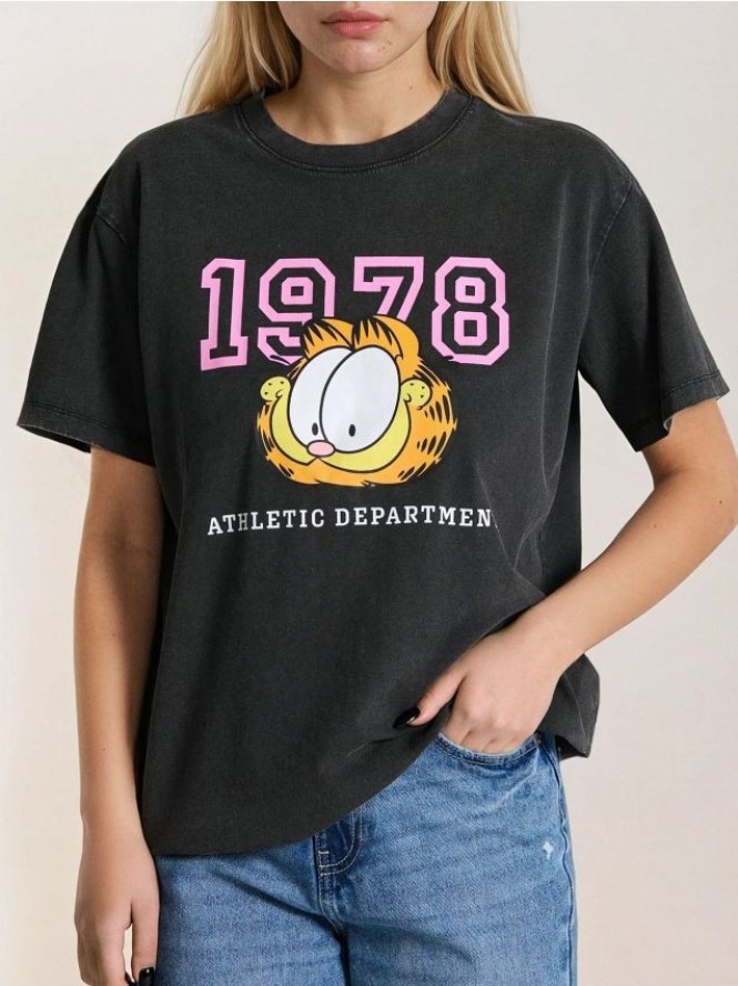 Koszulka z efektem sprania Garfield - szary