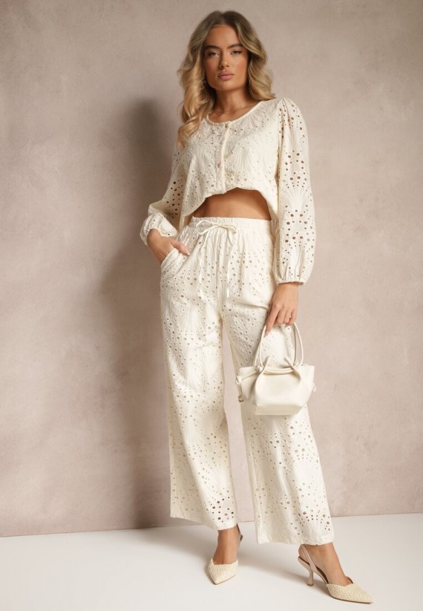 Beżowa Bawełniana Koszula Ozdobiona Haftem Fonliria