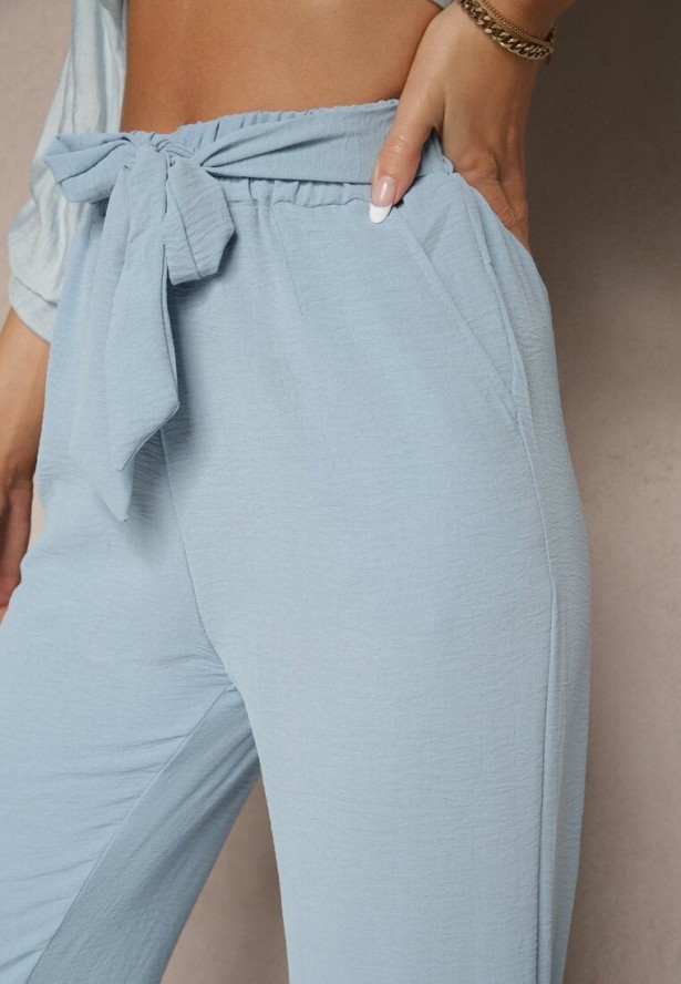 Niebieskie Spodnie z Szeroką Nogawką Wiązane w Talii Salemira