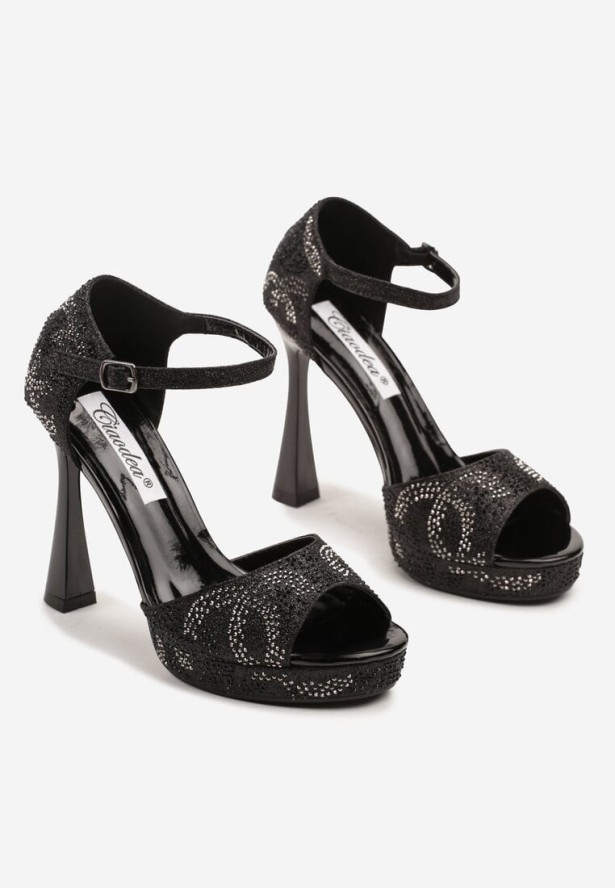 Czarne Sandały na Szpilce z Brokatem i Cyrkoniami Fenanora