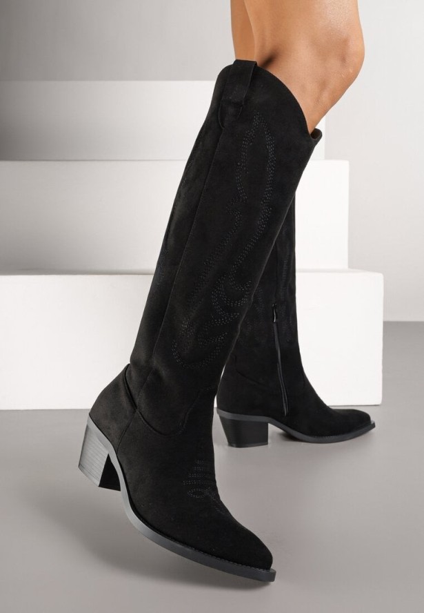 Czarne Klasyczne Kozaki Typu Kowbojki z Imitacji Zamszu Latonassa