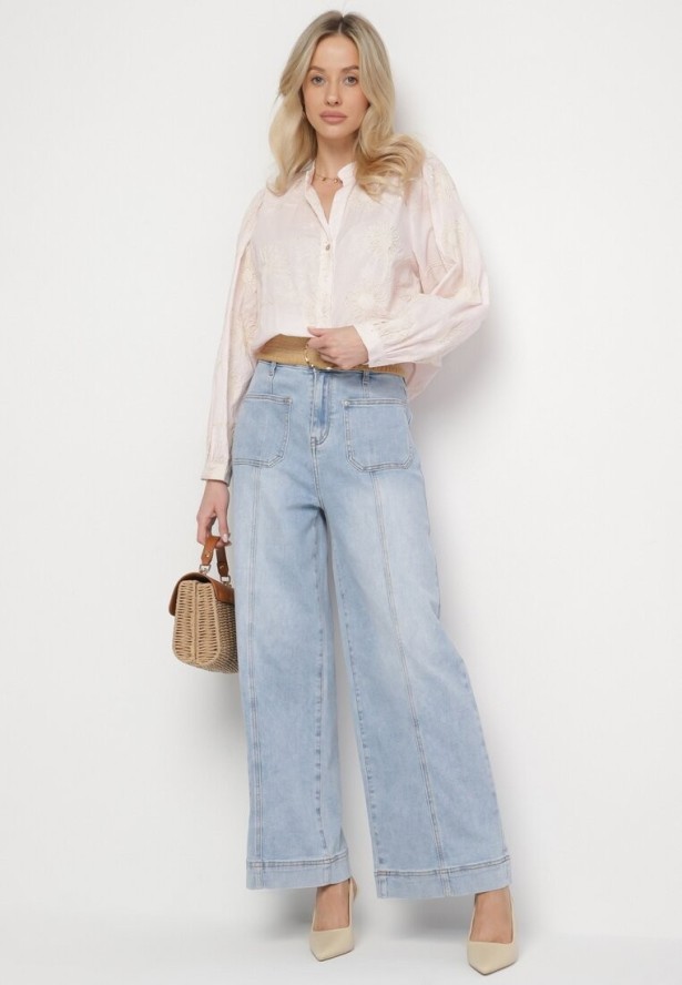 Różowa Bawełniana Koszula Zdobiona Haftem w Kwiatowy Wzór z Cekinami Gonirith