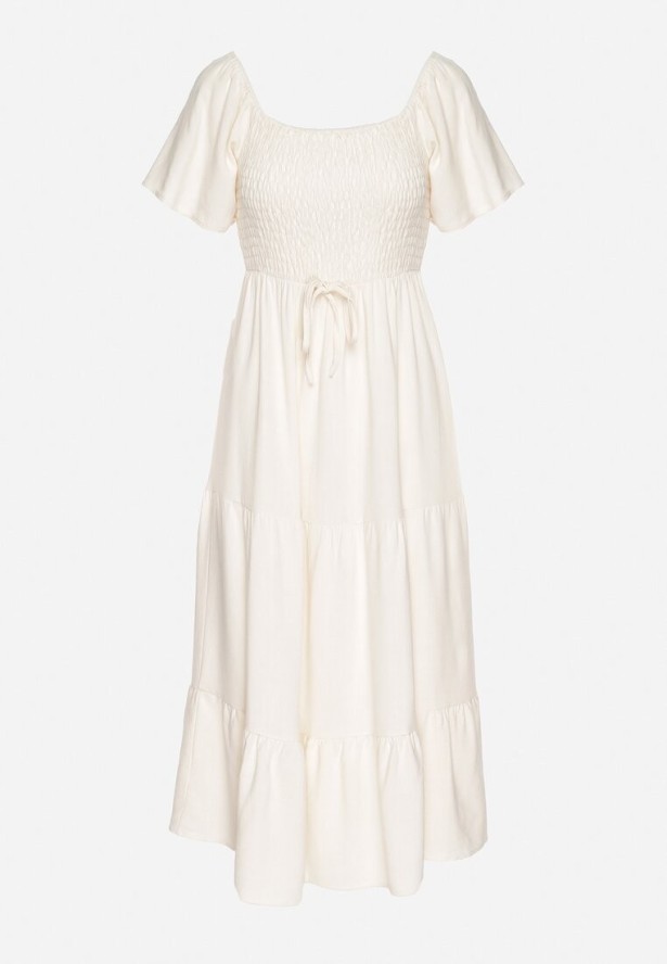 Jasnobeżowa Sukienka z Wiskozą Lnem i Elastyczną Górą Ellisena