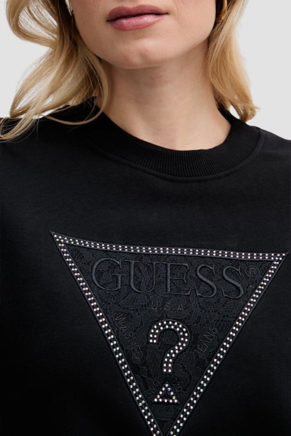 GUESS Czarna bluza damska z cyrkoniami Triangle Lace, Rozmiar XL