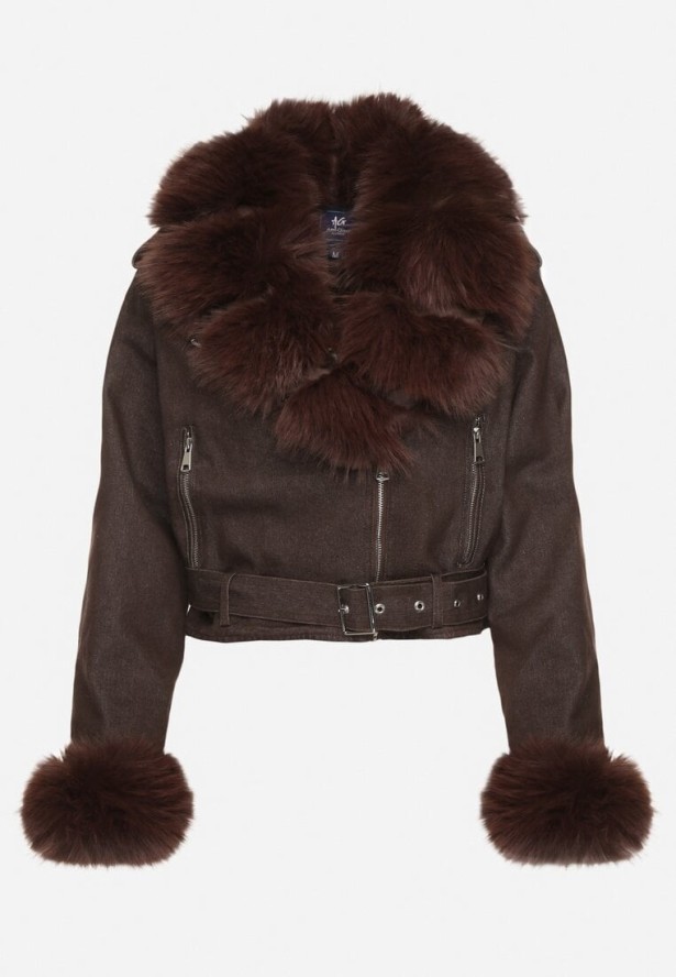 Brązowa Ocieplana Kurtka Ramoneska z Futrem przy Kołnierzu i Rękawach Mevesala