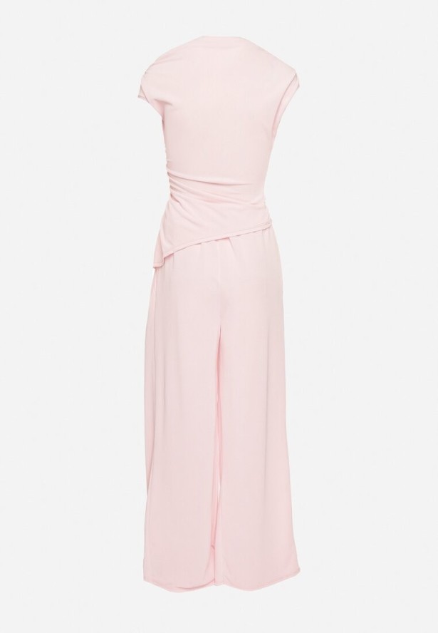 Różowy Komplet Asymetryczna Bluzka z Marszczeniem i Szerokie Spodnie Filuriela