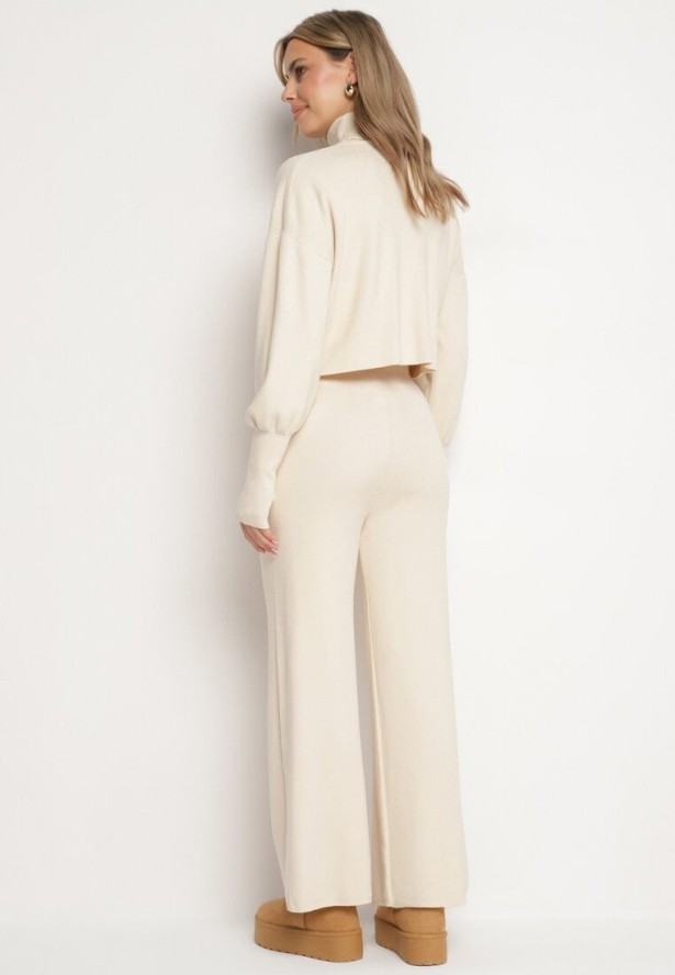 Beżowy Komplet Dzianinowy z Wiskozą Bluza Golf ze Ściągaczami i Szerokie Spodnie Noridra