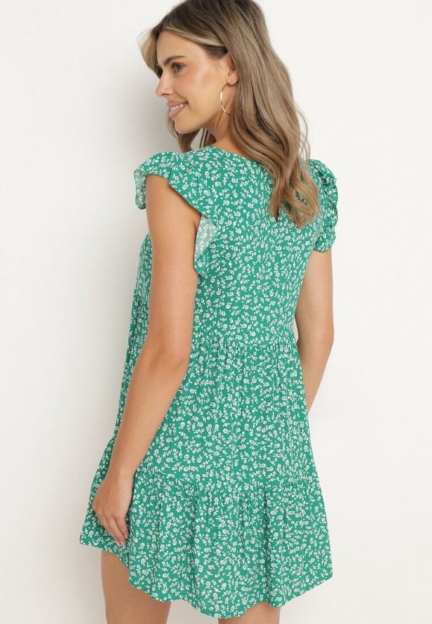 Zielona Bawełniana Sukienka o Rozkloszowanym Kroju z Falbanką Anettes