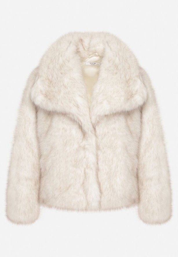 Beżowa Kurtka Futerko z Ozdobnym Kołnierzem Devrenna