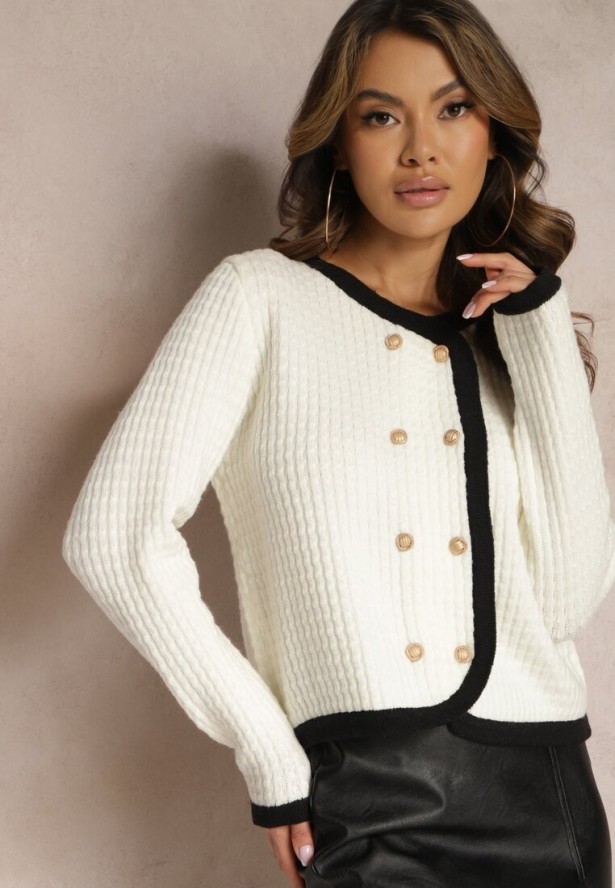 Biały Kardigan z Wiskozowej Dzianiny w Stylu Retro Litare