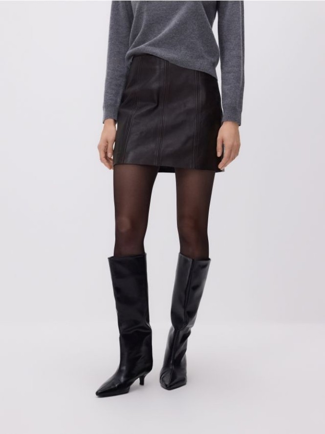 Skórzana spódnica mini - ciemnobrązowy