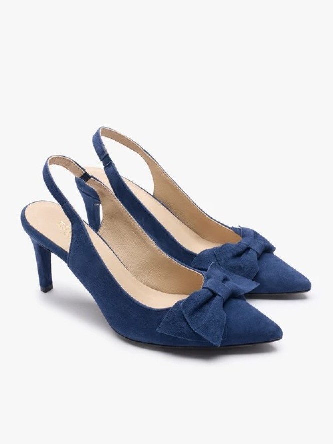 Granatowe czółenka bez pięty slingback z kokardą