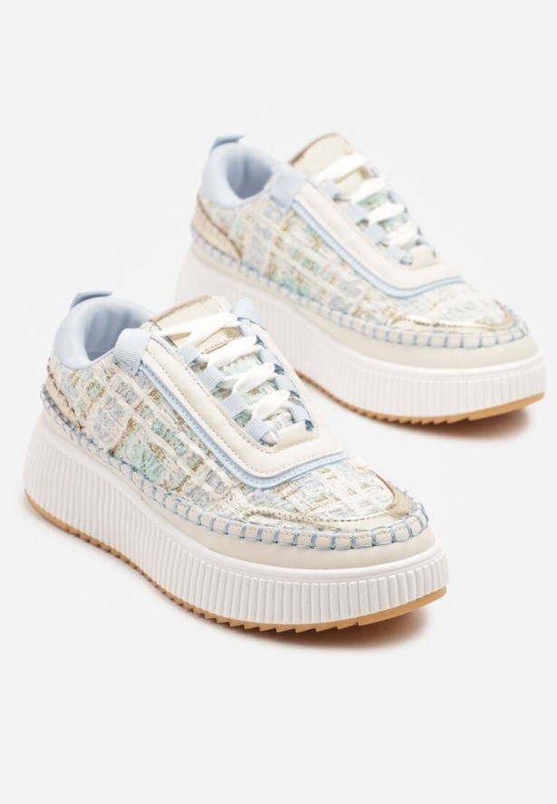 Biało-Niebieskie Sneakersy na Grubej Podeszwie Zdobione Tweedem i Przeszyciami Ulamoriela