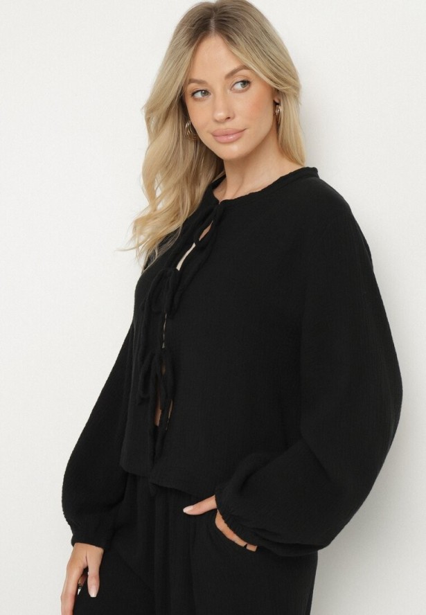 Czarny Bawełniany Komplet Bluzka z Wiązaniem i Spodnie Palionis